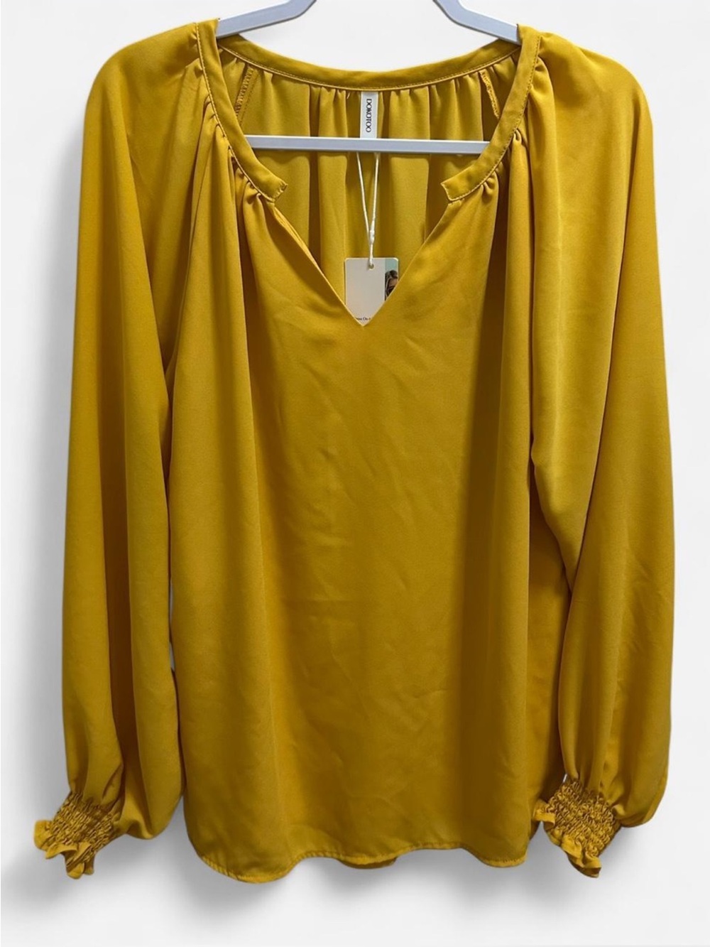 Dokotoo Mustard Yellow Long Sleeve Blouse Size Large NWT Split Neck Top